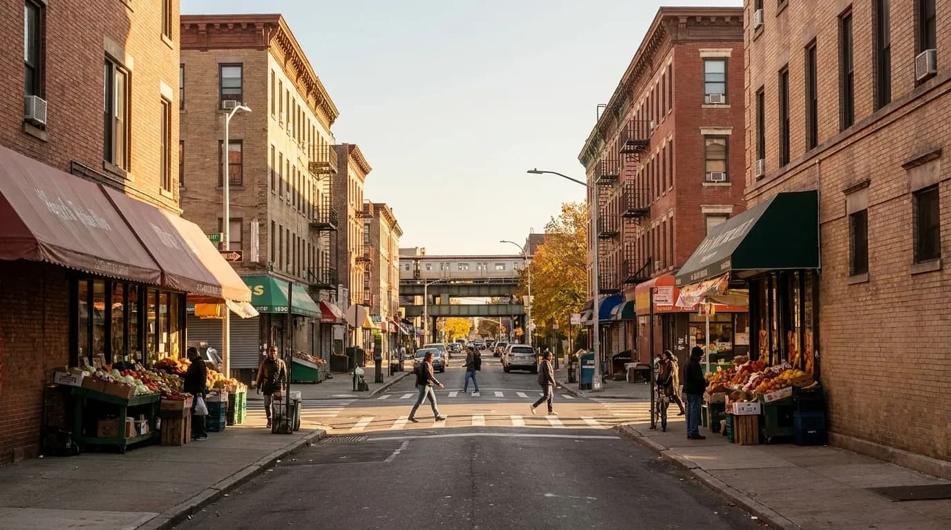 Fifth Avenue commercial corridor in Sunset Park, Brooklyn, with storefronts and elevated train structure in the distance