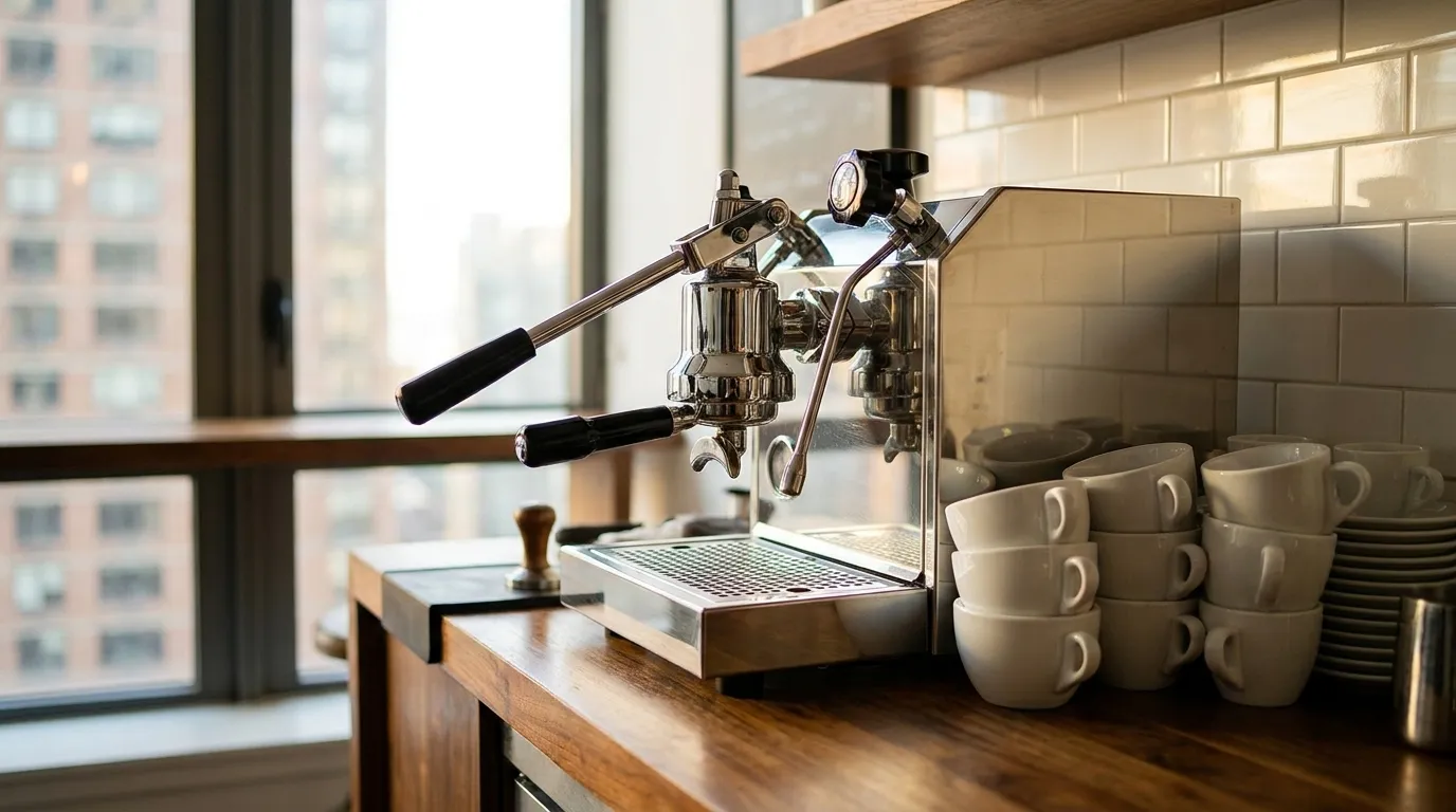 Espresso machine on a cafe counter with ceramic cups and warm natural light