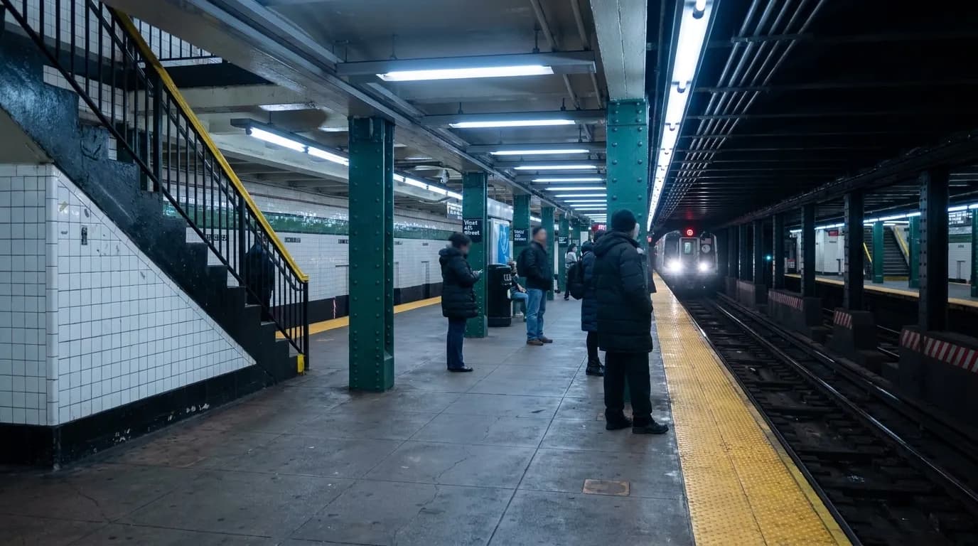 West 4th Street subway platform with train approaching and commuters waiting