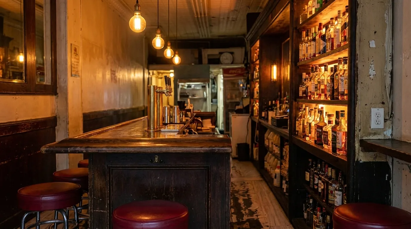 Interior view of a Chinatown bar counter with warm lighting and bar stools