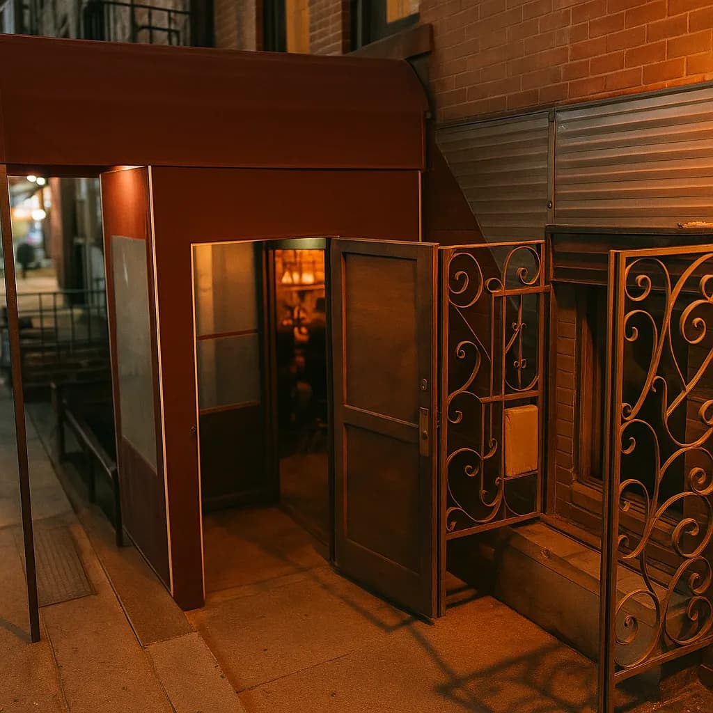 Crowded bar interior in New York City's East Village during evening happy hour with patrons at the counter and warm overhead lighting.