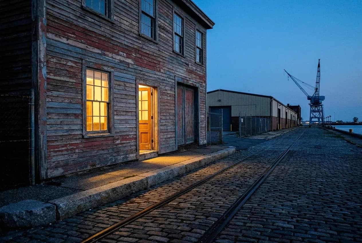 A weathered wooden bar front on a cobbled waterfront street at dusk