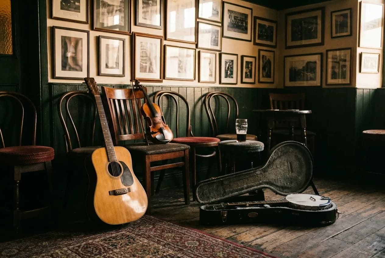 Musicians' instruments resting against chairs in a bar corner