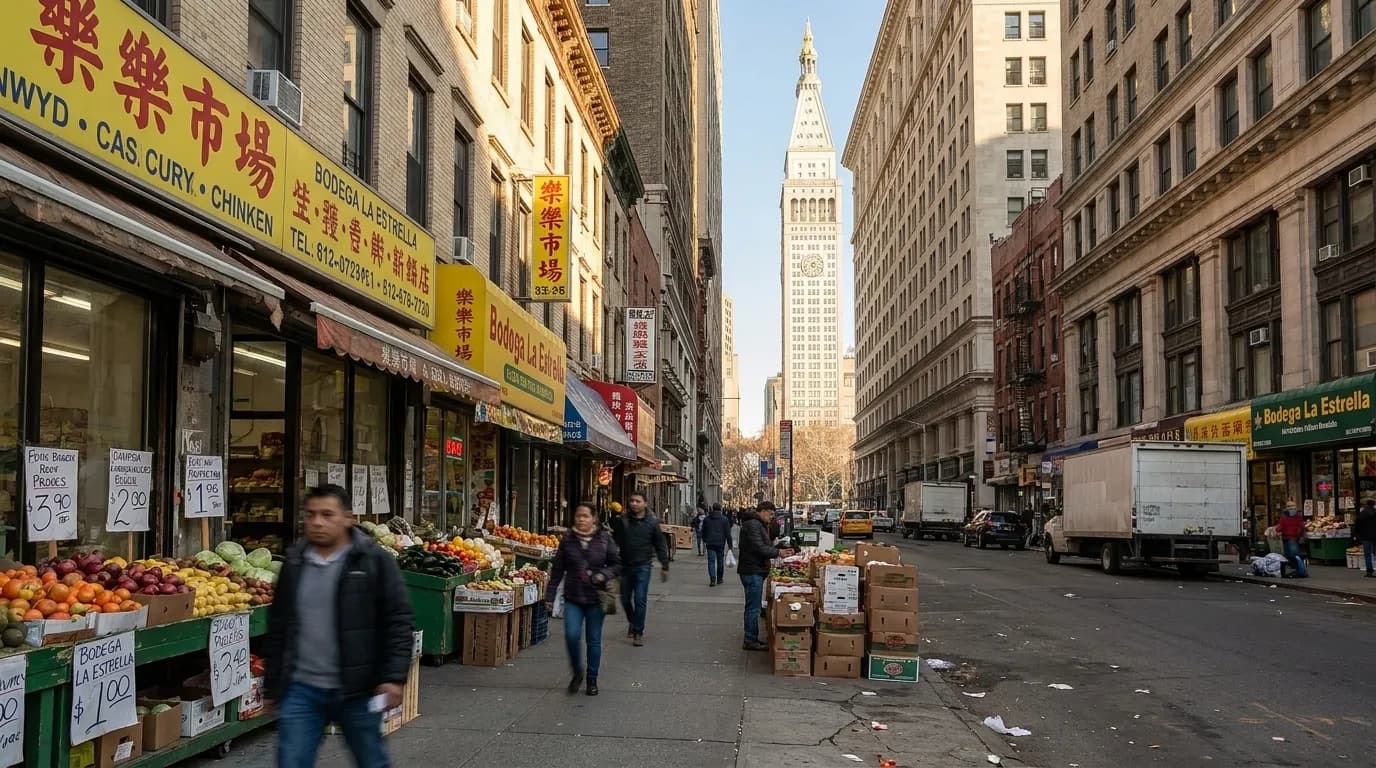 Eighth Avenue in Sunset Park Brooklyn showing bakery and produce storefronts on a weekend afternoon