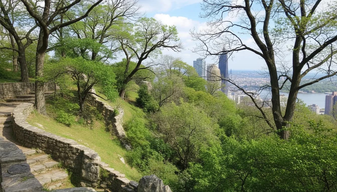 Realistic editorial view of Heather Garden at Fort Tryon Park in New York City