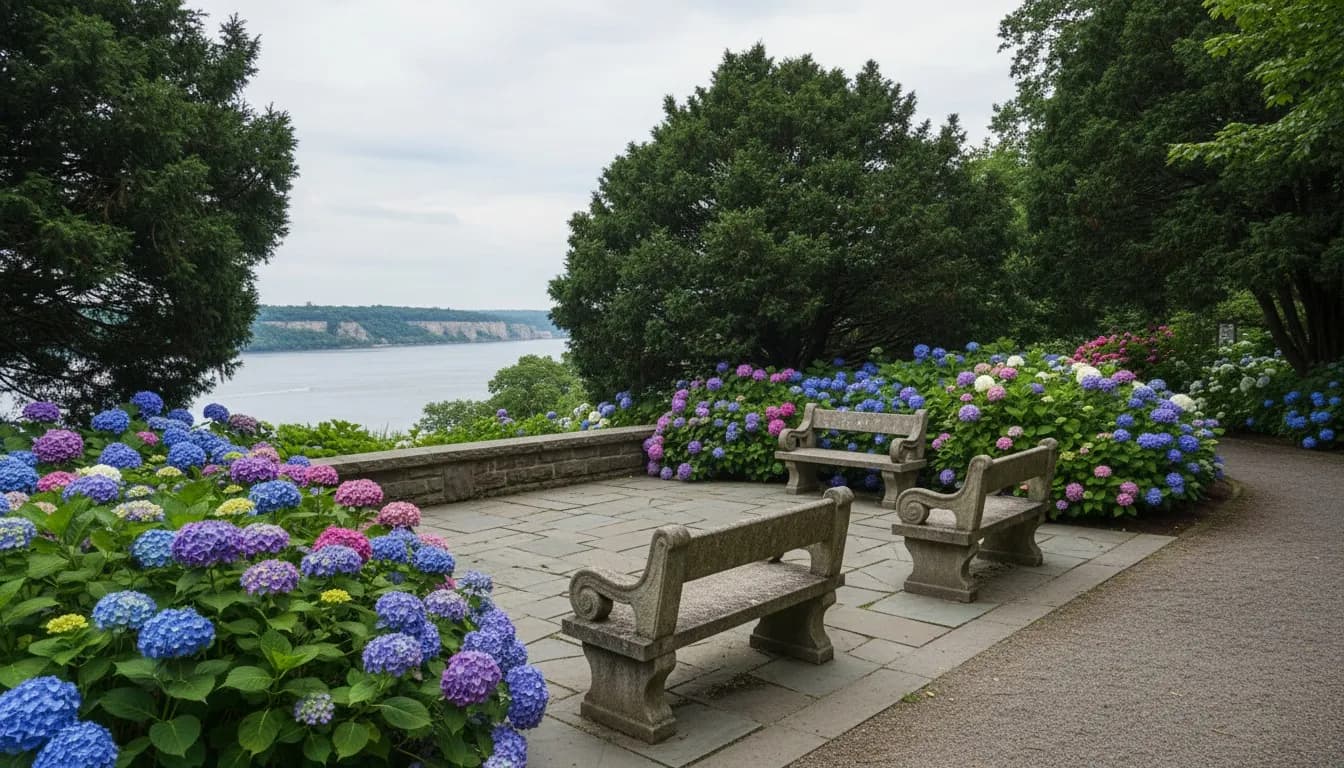 Realistic editorial view of Heather Garden at Fort Tryon Park in New York City