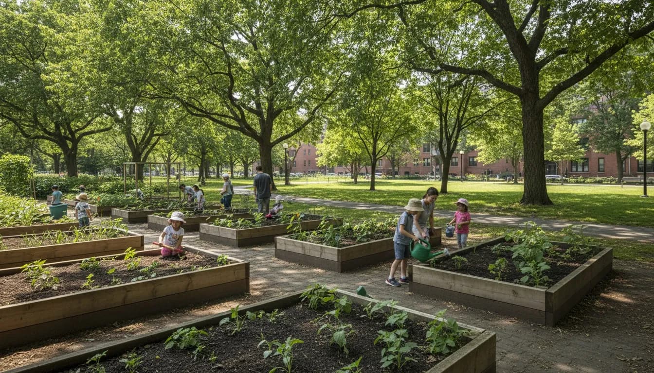Realistic editorial view of Highland Park Children's Garden in New York City