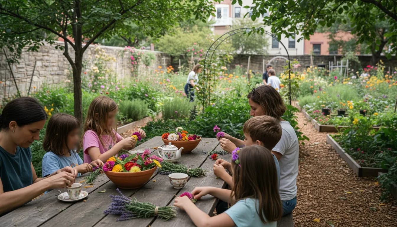 Realistic editorial view of Highland Park Children's Garden in New York City