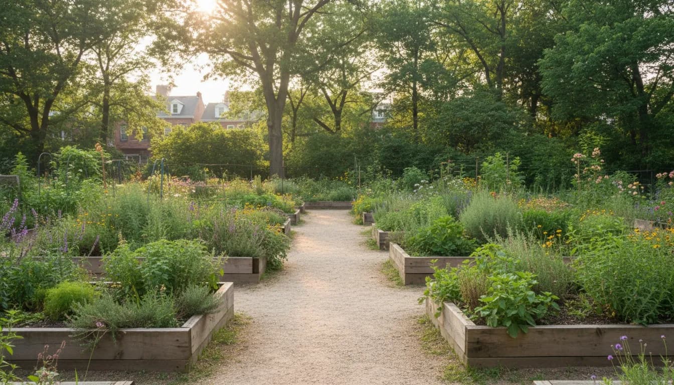 Realistic editorial view of Highland Park Children's Garden in New York City