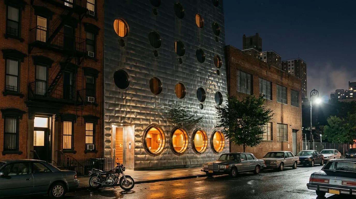Boutique Chelsea hotel exterior lit up at night with porthole-style lobby windows