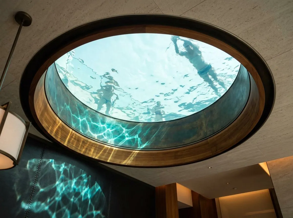 View from inside a lobby looking up into the underside of a glass-bottom pool