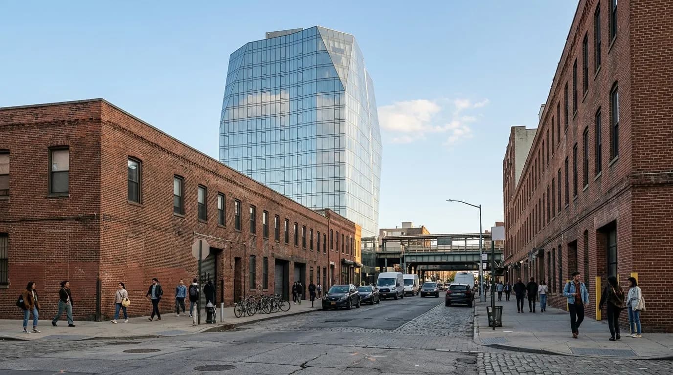 Glass hotel tower rising above low brick buildings on a Williamsburg street corner