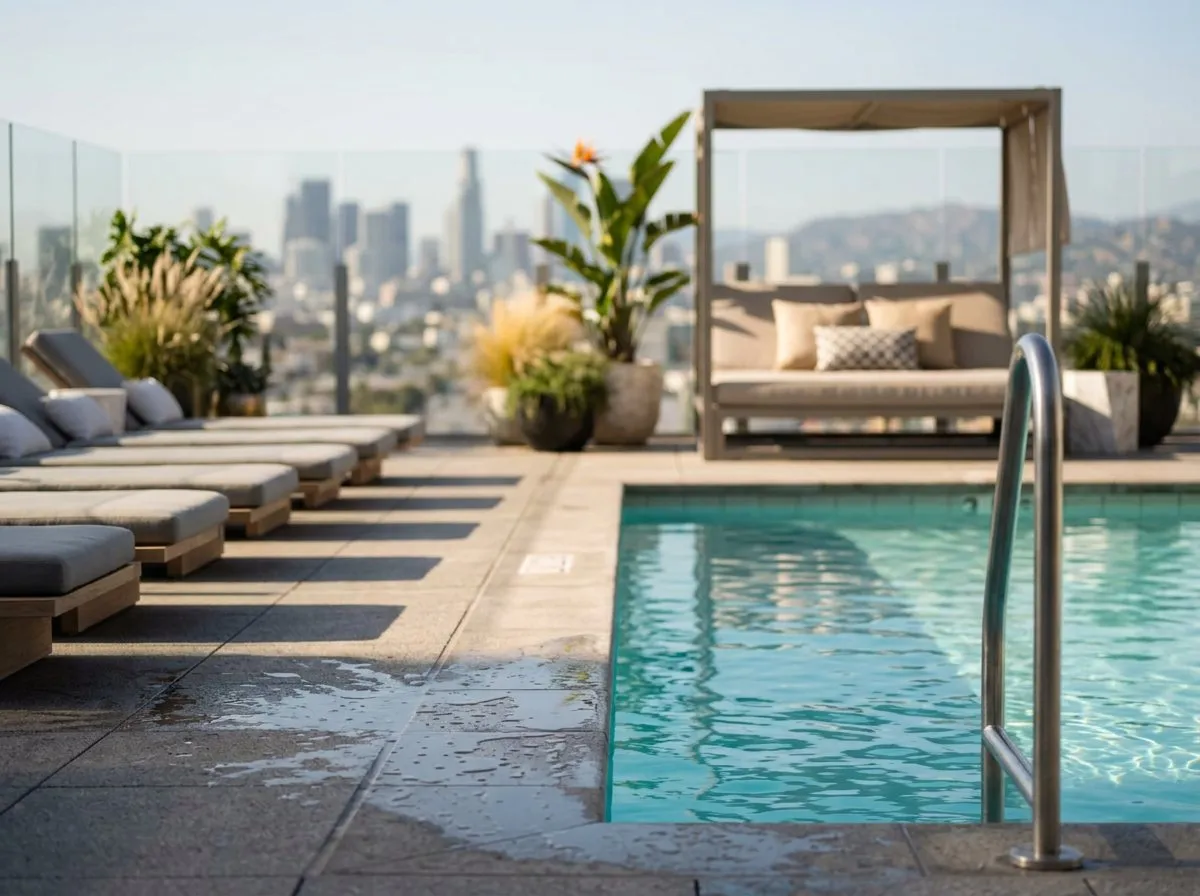 Close view of rooftop pool water and lounge seating with a blurred skyline behind