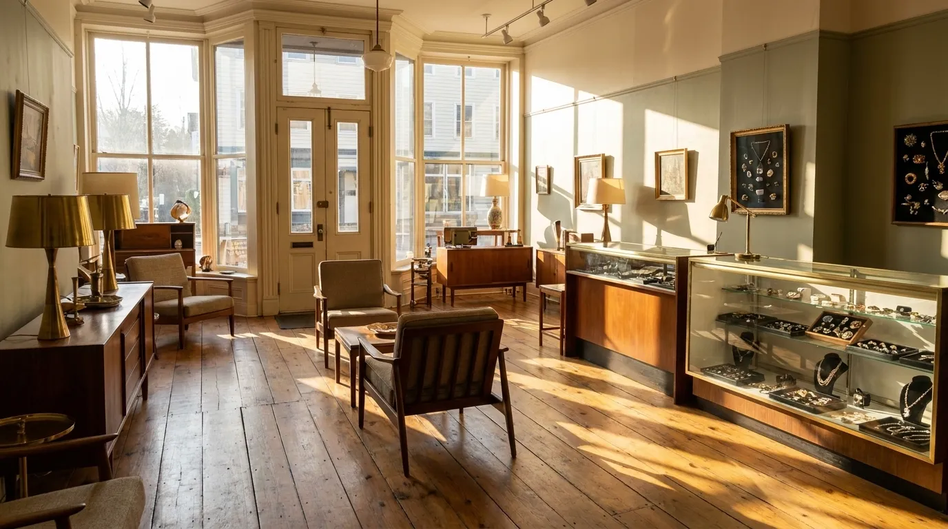 Afternoon light fills an antique shop interior on Warren Street in Hudson NY, with mid-century furniture and wood floors