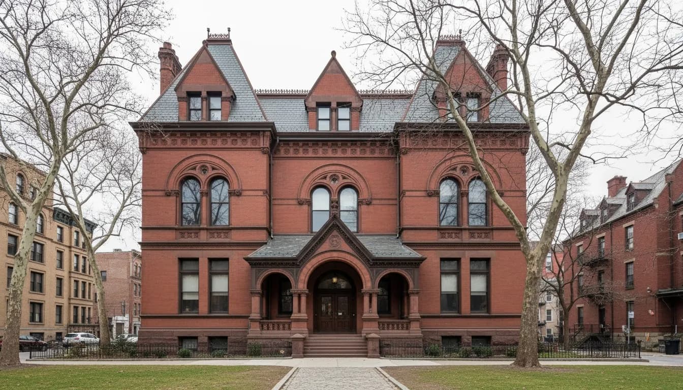 Realistic editorial view of Huntington Free Library and Reading Room in New York City