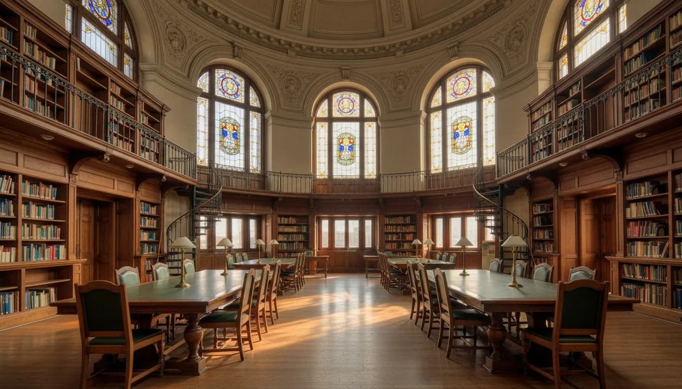 Realistic editorial view of Huntington Free Library and Reading Room in New York City