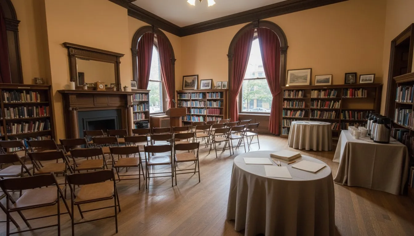 Realistic editorial view of Huntington Free Library and Reading Room in New York City