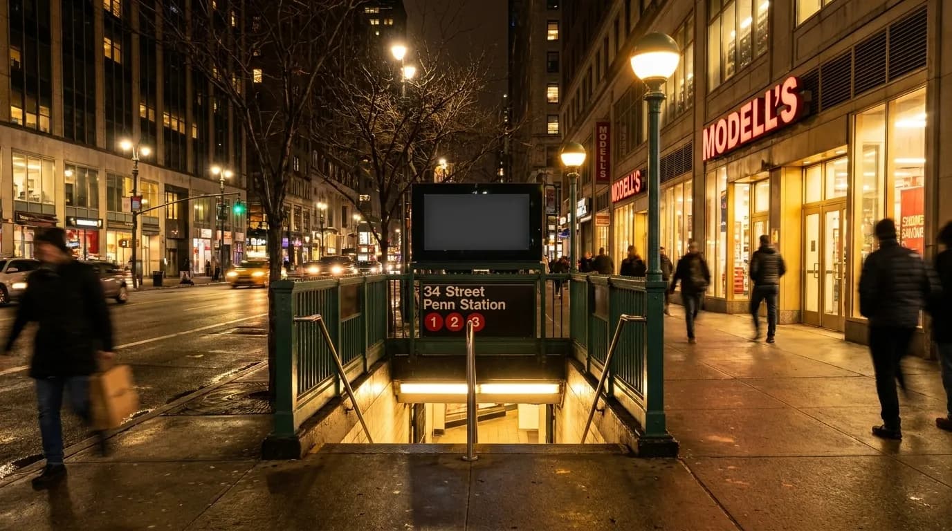 Penn Station subway entrance on 34th Street at night with pedestrians and lit storefronts