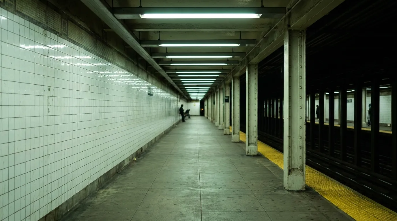 Times Square subway platform late at night with tiled walls and waiting passengers