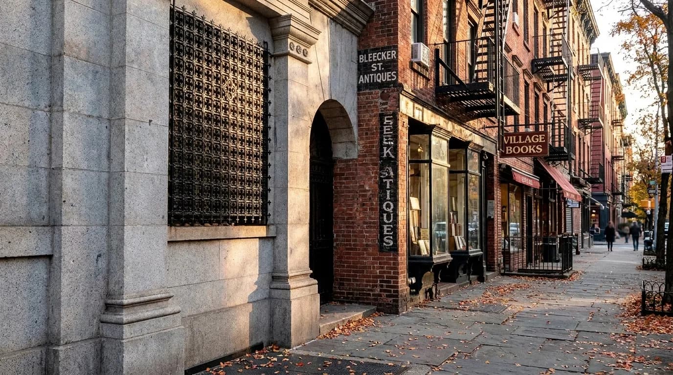 Bleecker Street storefronts in the West Village with afternoon light on brick facades and fire escapes