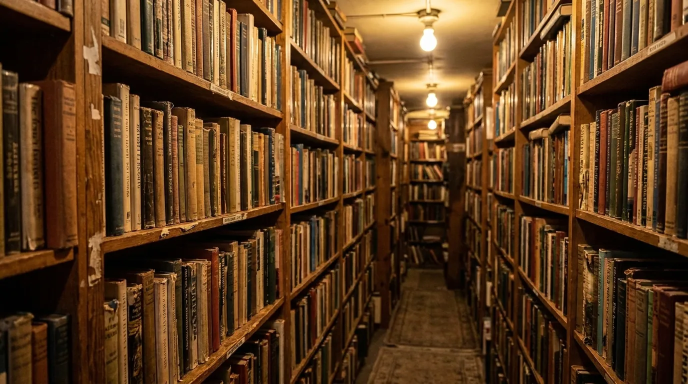 Narrow aisle of wooden bookshelves inside a West Village used bookstore with warm overhead lighting