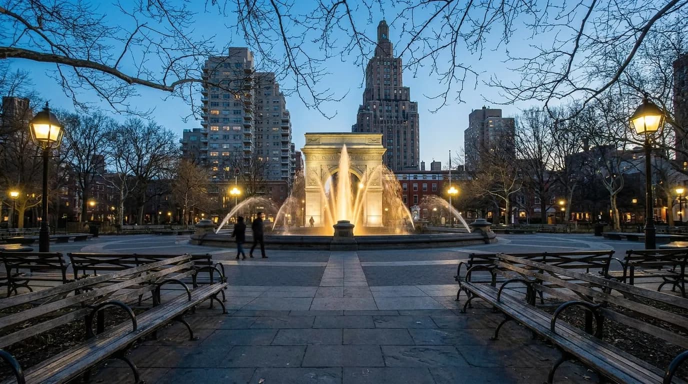 Washington Square Park fountain at dusk with empty benches in foreground and the arch in the distance