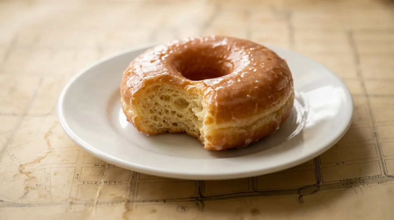 Close-up of a glazed yeasted doughnut on a white plate with visible texture and natural light