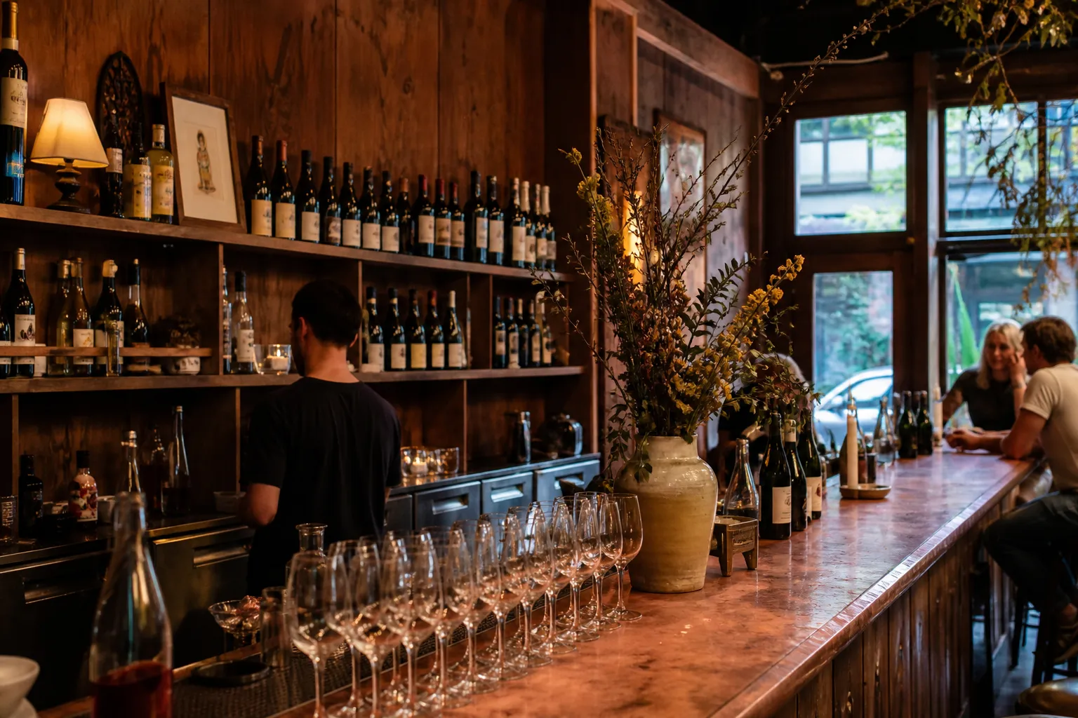 A warm, wood-paneled wine bar counter with glasses and bottles.