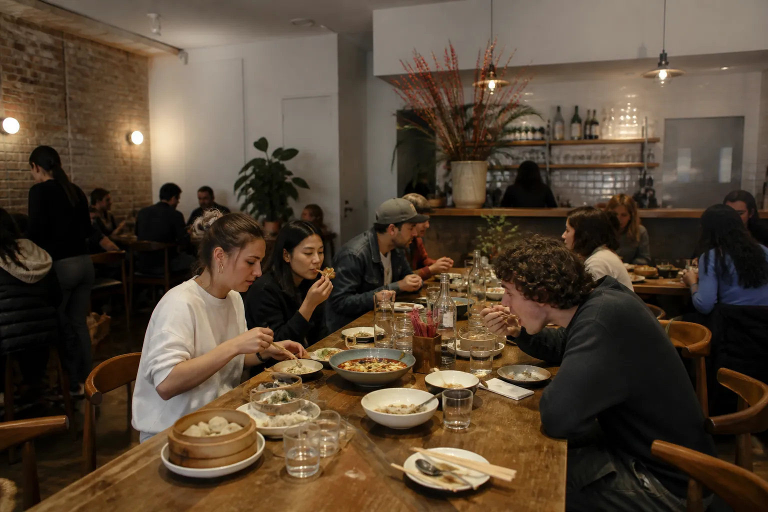 A spacious Szechuan restaurant interior with a long communal table.