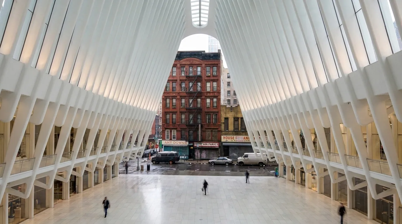 Interior of the Oculus at World Trade Center showing white ribbed architecture and natural light