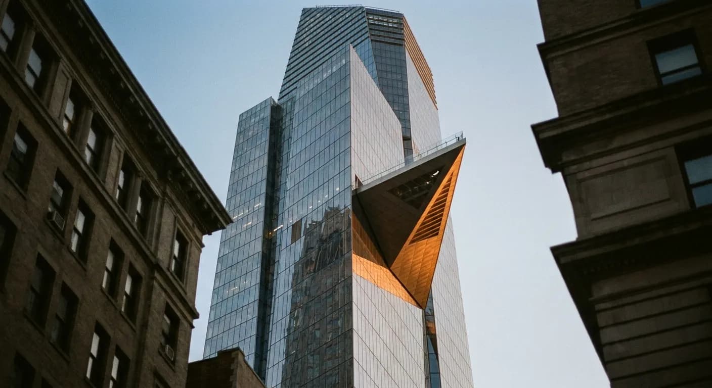 A triangular glass observation deck jutting from a skyscraper against an evening sky