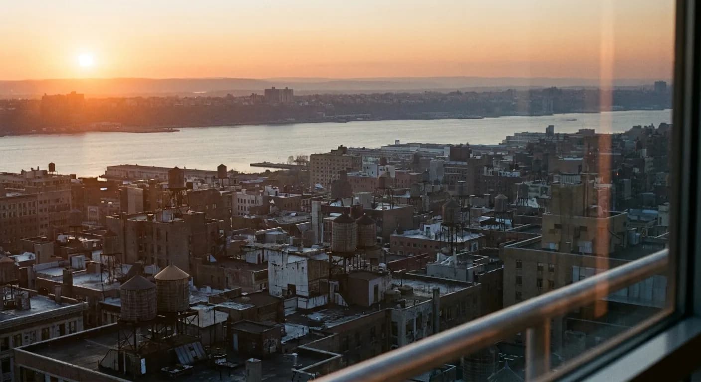 Manhattan rooftops and the Hudson River seen from high above at sunset