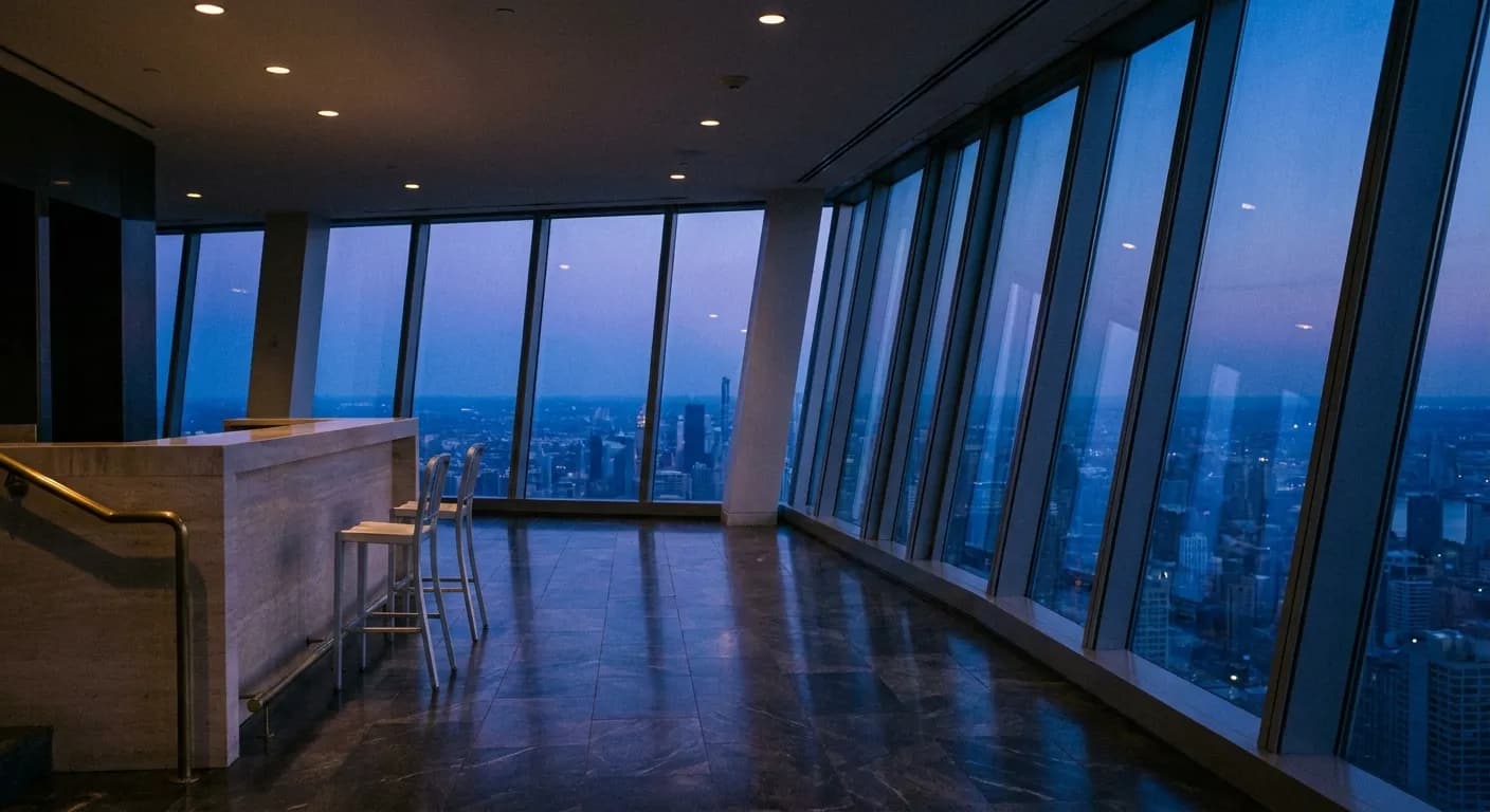 A quiet indoor observation lounge with angled glass walls and low evening light