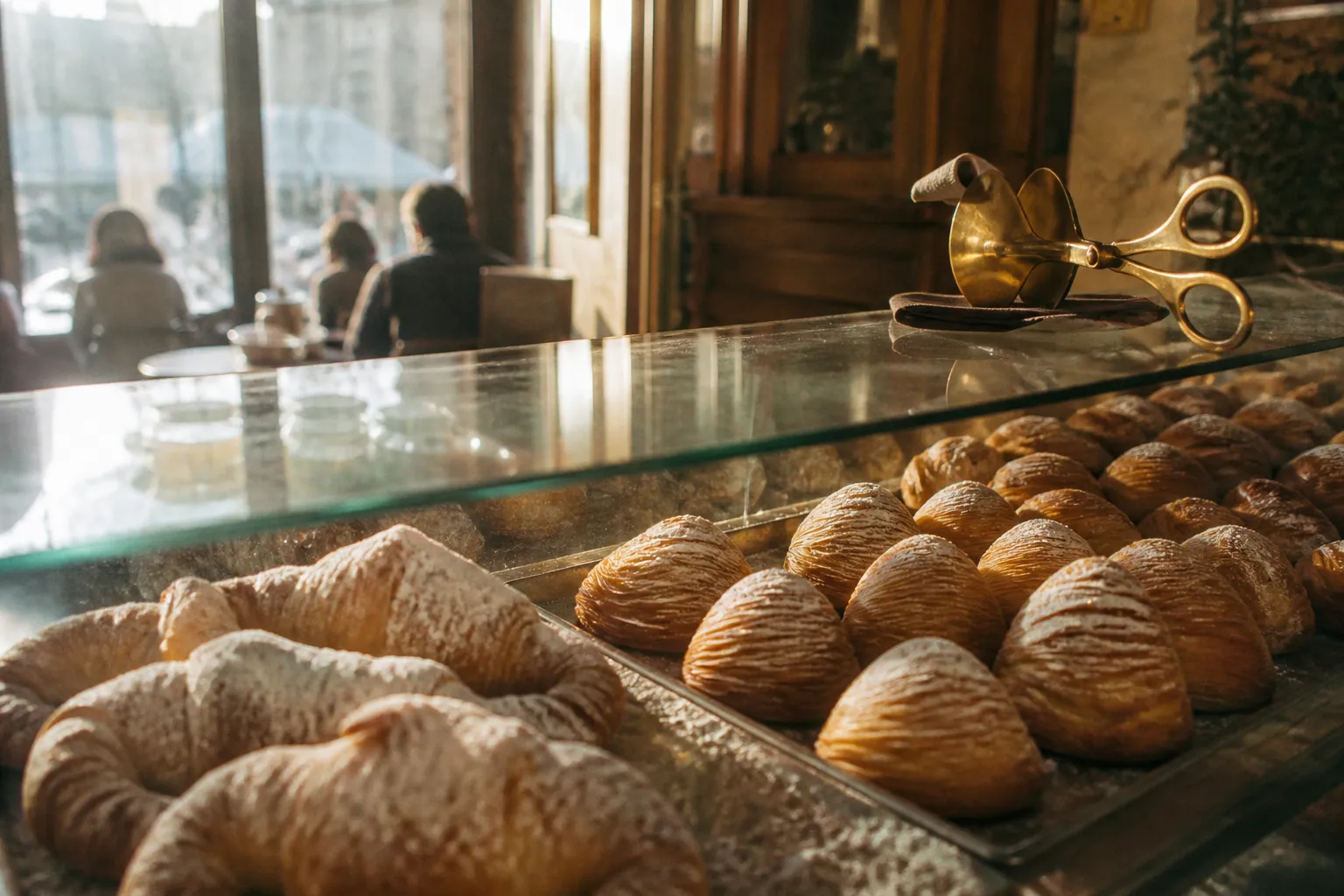 A glass pastry case filled with cornetti and sfogliatelle, brass tongs resting on top, morning sun through a caffe window