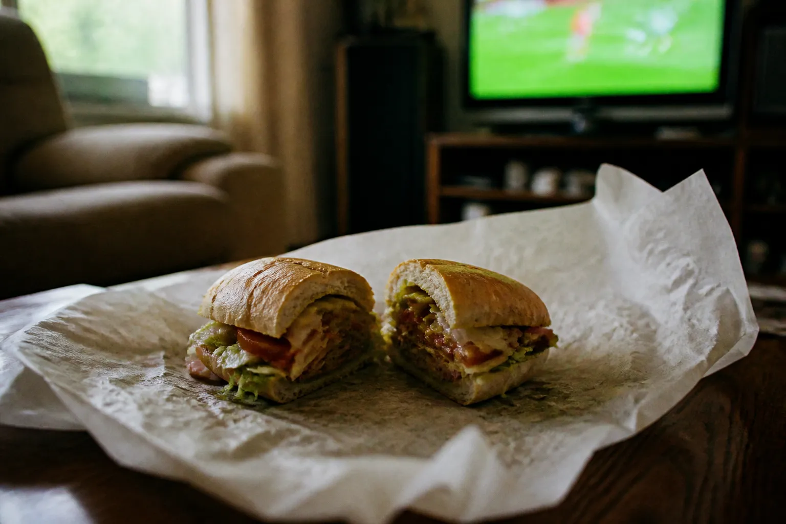A hero sandwich cut in half on opened butcher paper on a coffee table, a television glowing out of focus in the background