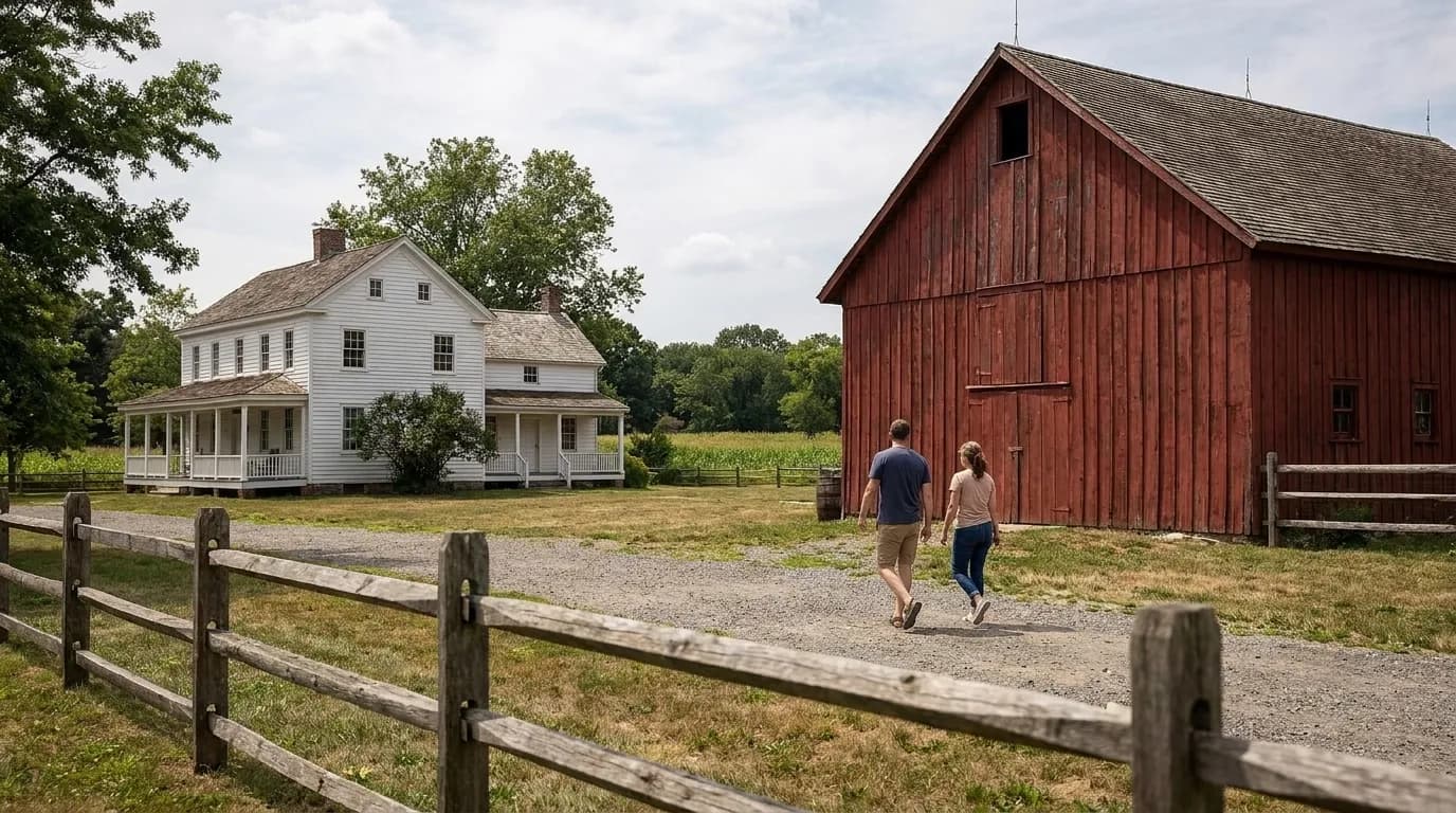 Visitors walking toward the historic barn at Queens County Farm Museum in Queens