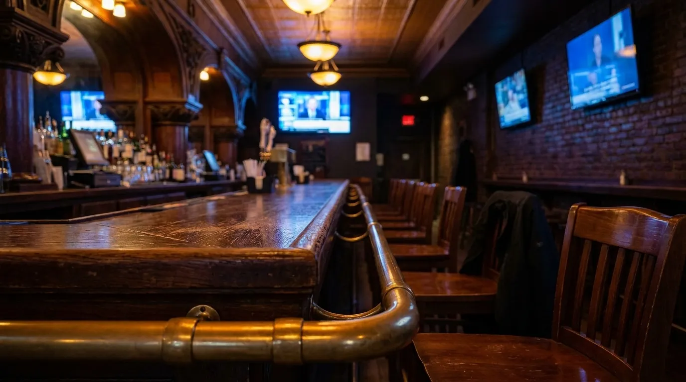 Interior of a small Irish sports bar in upper Manhattan with wood bar top, stools, and multiple television screens mounted on the wall