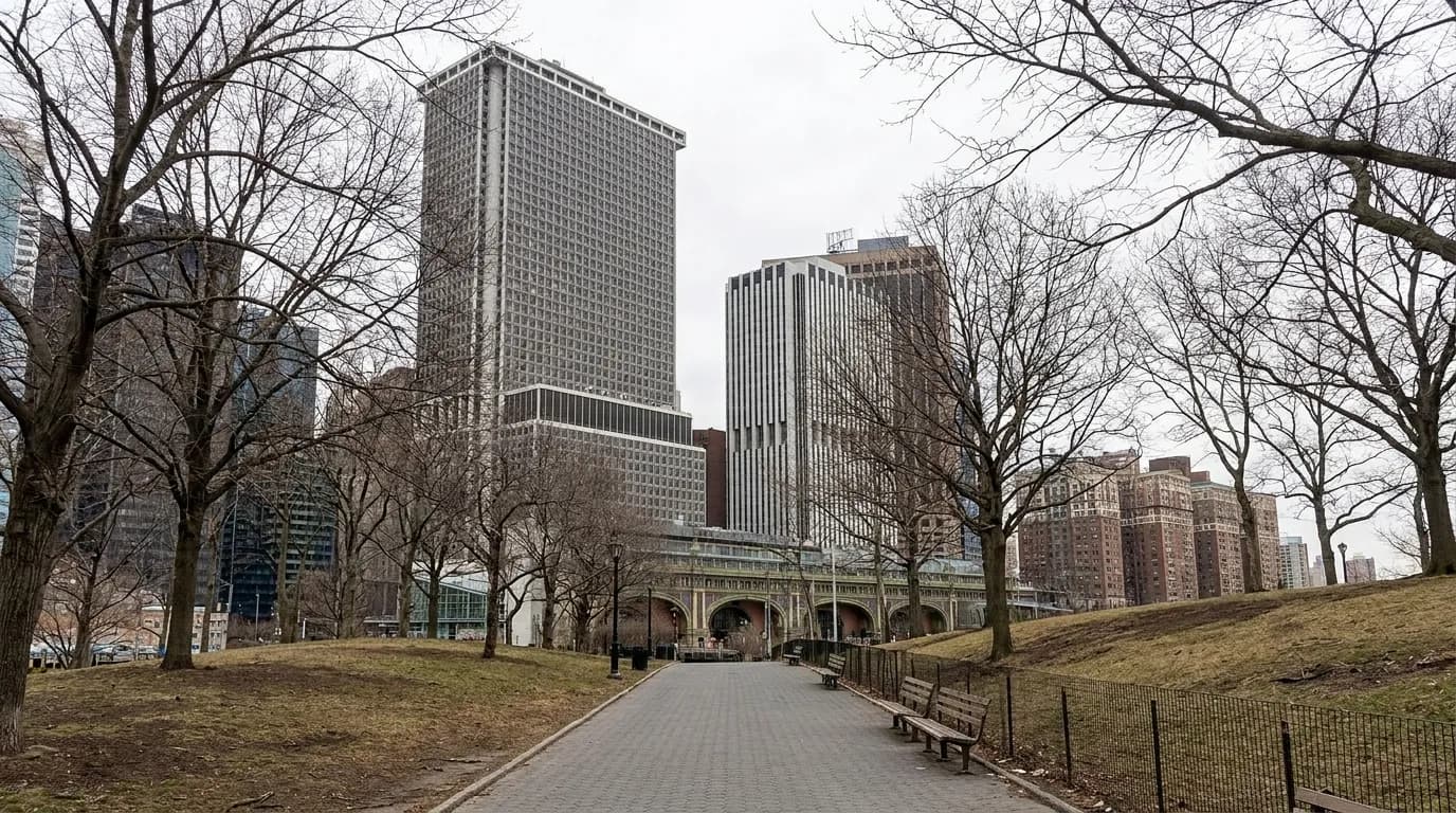 Pathway through Isham Park in Inwood with bare trees and apartment buildings visible in the background on a quiet winter day