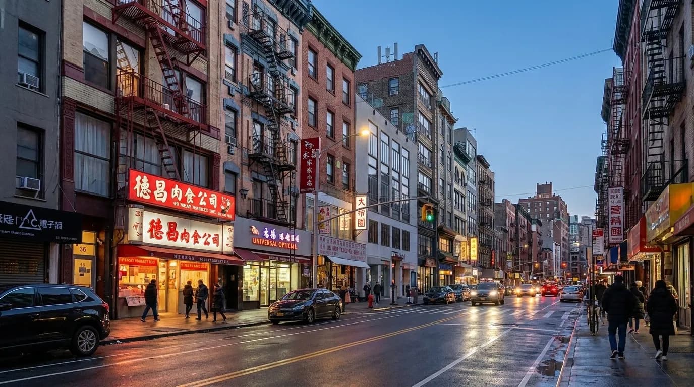 Bayard Street in Chinatown at dusk with lit restaurant signs and pedestrians