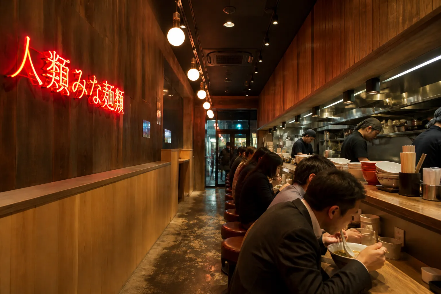 The modern, narrow interior and dining counter of Jinya Ramen Bar in Manhattan.