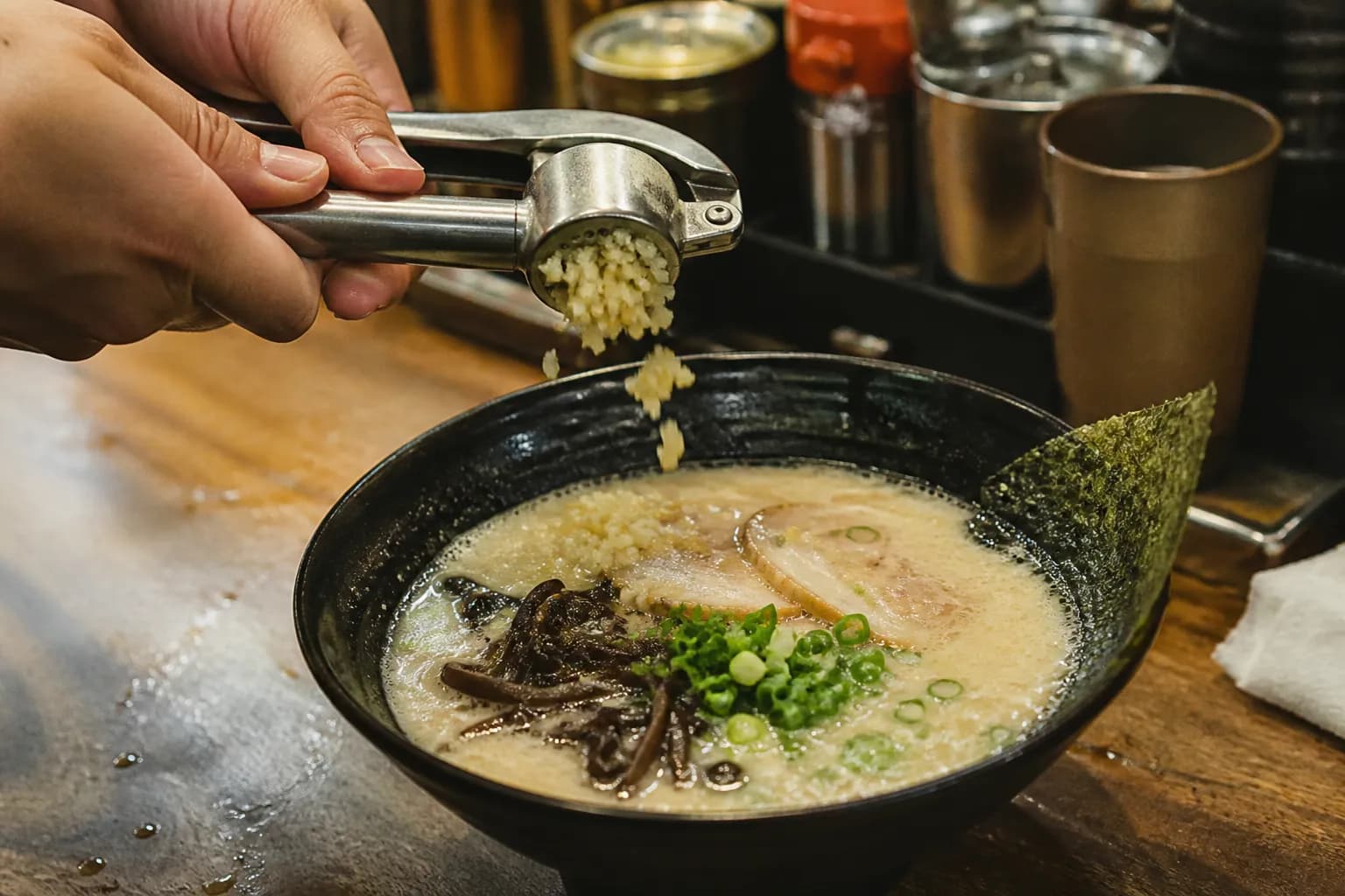 Crushing a fresh garlic clove with a metal press into a hot bowl of ramen.