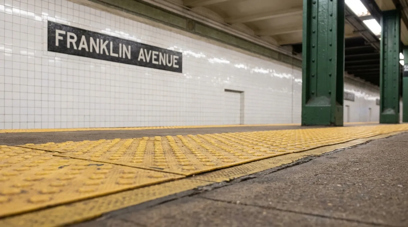 Franklin Avenue subway platform with yellow warning strip and white tile walls