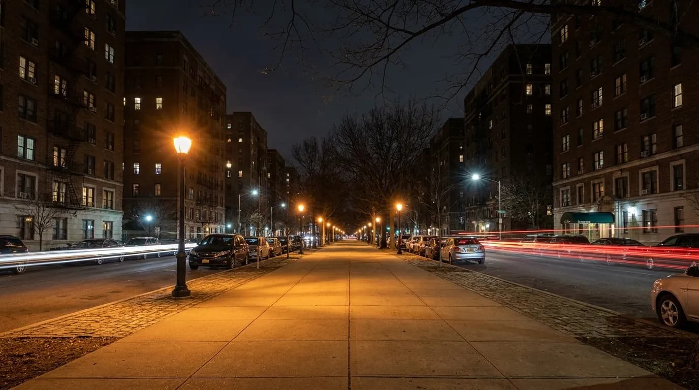 Eastern Parkway at night, wide sidewalk, street lamps, apartment buildings with lit windows