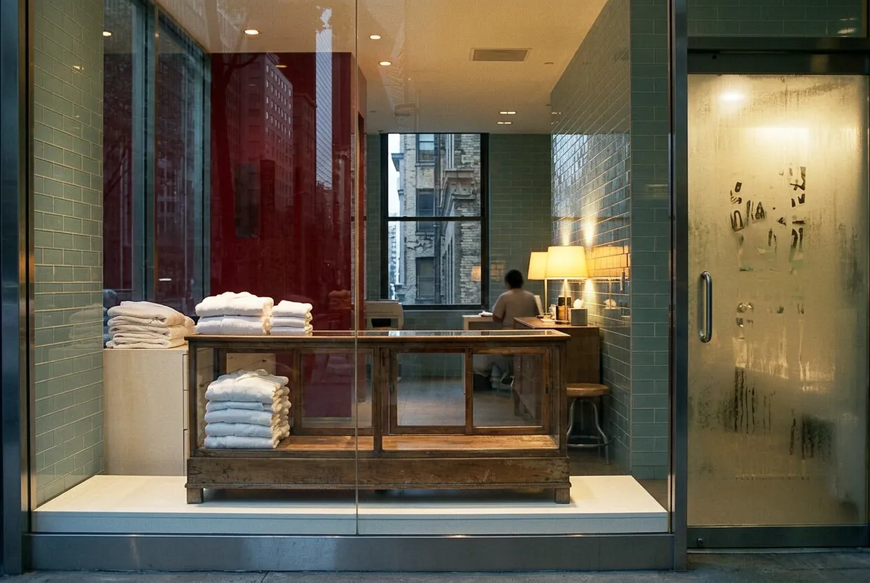 Interior reception hallway of a Koreatown spa with folded robes and a frosted glass steam room door