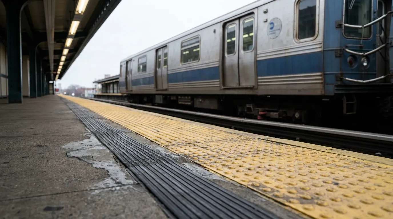 Close view of the Franklin Avenue Shuttle platform edge and train car in Brooklyn, with worn concrete and safety markings under flat midday light.