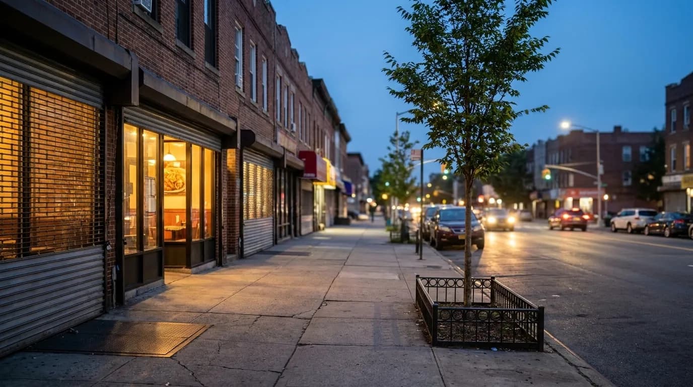Nostrand Avenue in Crown Heights at early evening, with brick storefronts, warm restaurant light, and blue hour sky above the street.