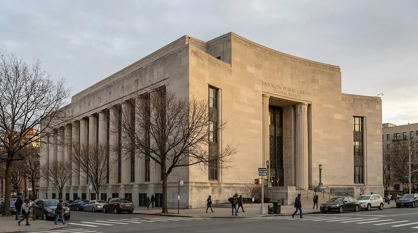 Brooklyn Public Library Central branch on Eastern Parkway, viewed from across the street in afternoon light
