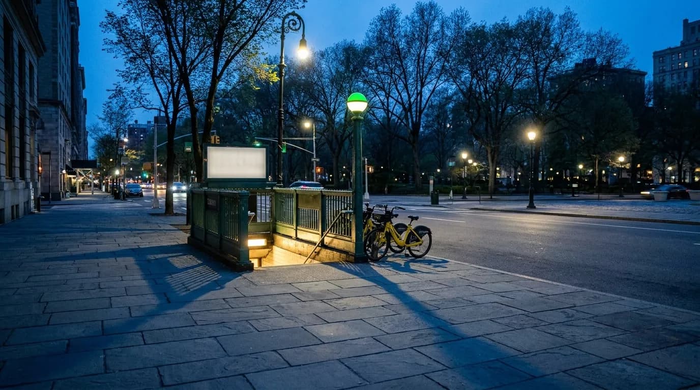 Grand Army Plaza subway entrance at dusk, viewed from the sidewalk approach