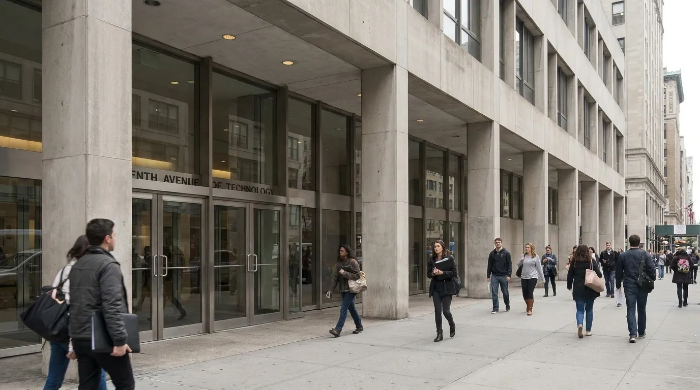 Exterior view of the Fashion Institute of Technology building on Seventh Avenue in Manhattan