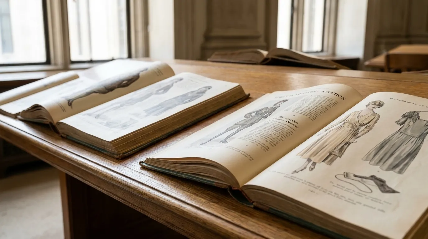 Fashion periodicals open on a reading table at Brooklyn Public Library's central branch